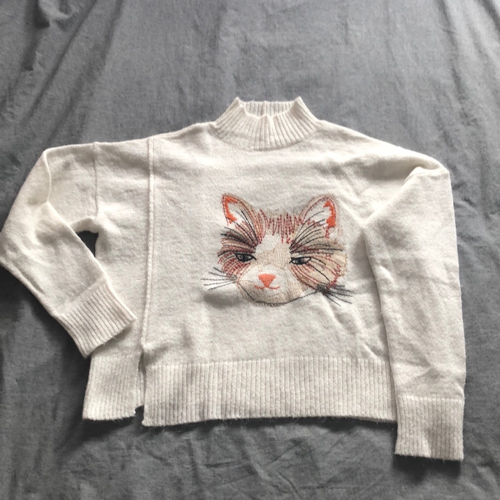 Anthropologie Cream Sweater with Cat Face Embroidery - Picture 4 of 8